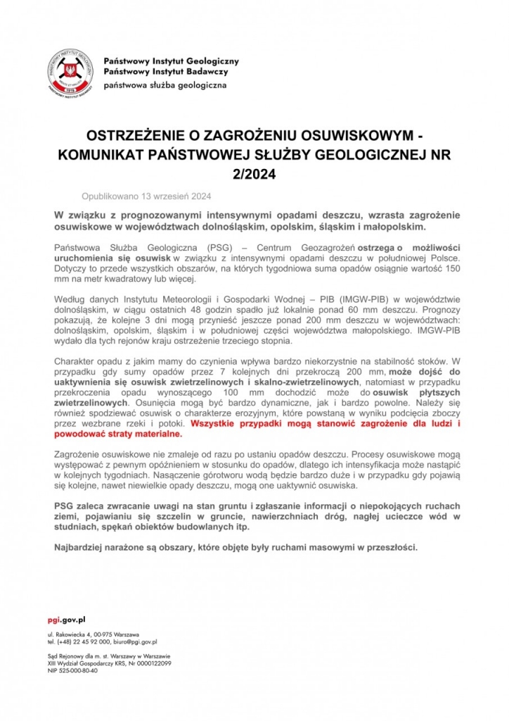 OSTRZEŻENIE O ZAGROŻENIU OSUWISKOWYM - KOMUNIKAT PAŃSTWOWEJ SŁUŻBY GEOLOGICZNEJ