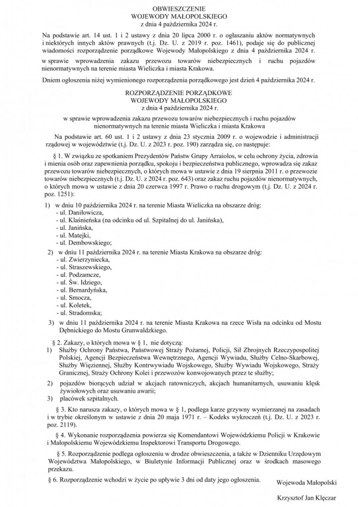 OBWIESZCZENIE WOJEWODY MAŁOPOLSKIEGO z dnia 4 października 2024 r.