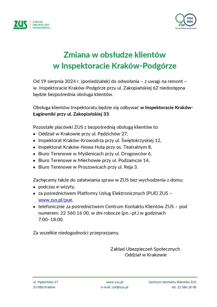 Zmiana w obsłudze klientów w Inspektoracie ZUS Kraków-Podgórze 