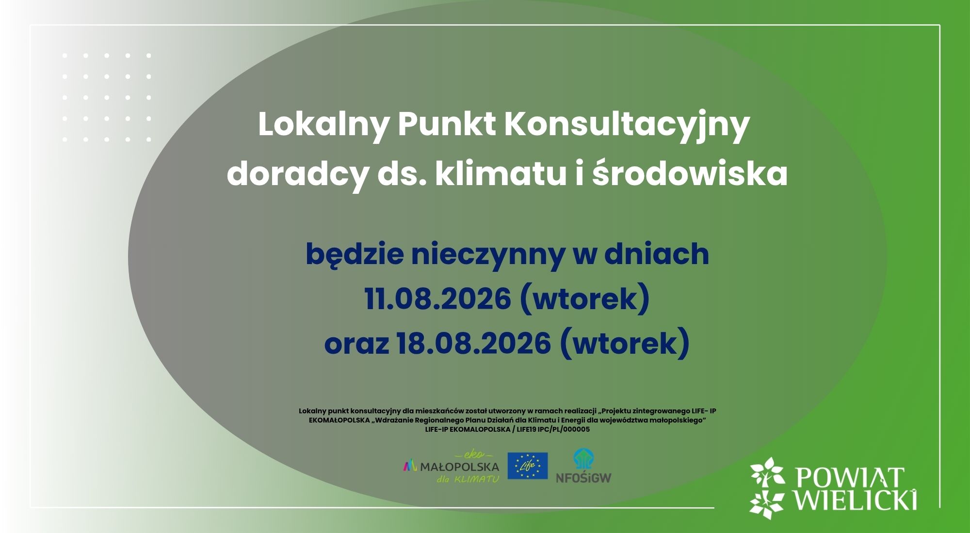 Lokalny Punkt Konsultacyjny doradcy ds. klimatu i środowiska będzie nieczynny w dniach 11 i 18 sierpnia