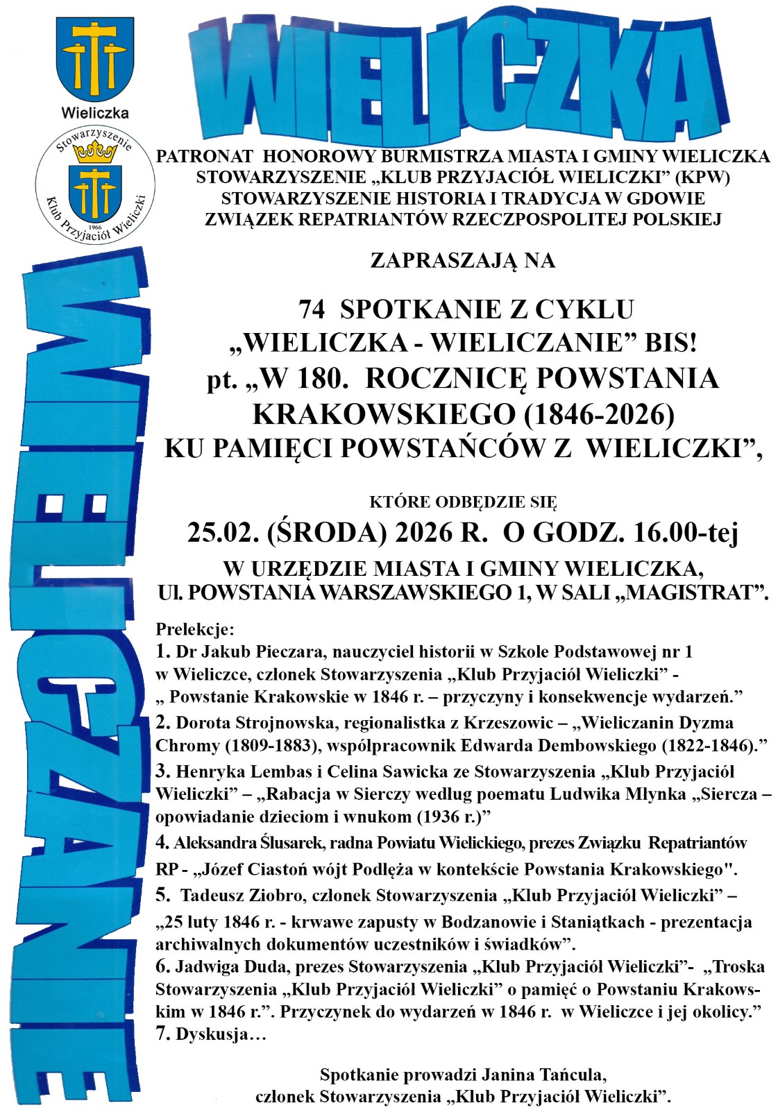 74. spotkanie z cyklu „Wieliczka – Wieliczanie” BIS – „W 180. rocznicę Powstania Krakowskiego (1846–2026). Ku pamięci powstańców z Wieliczki”